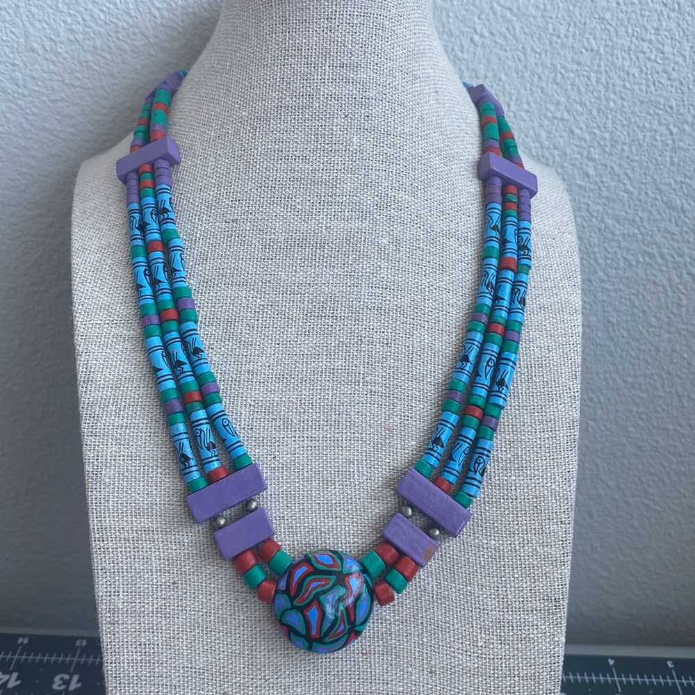 Vintage Tribal hand painted clay beads necklace